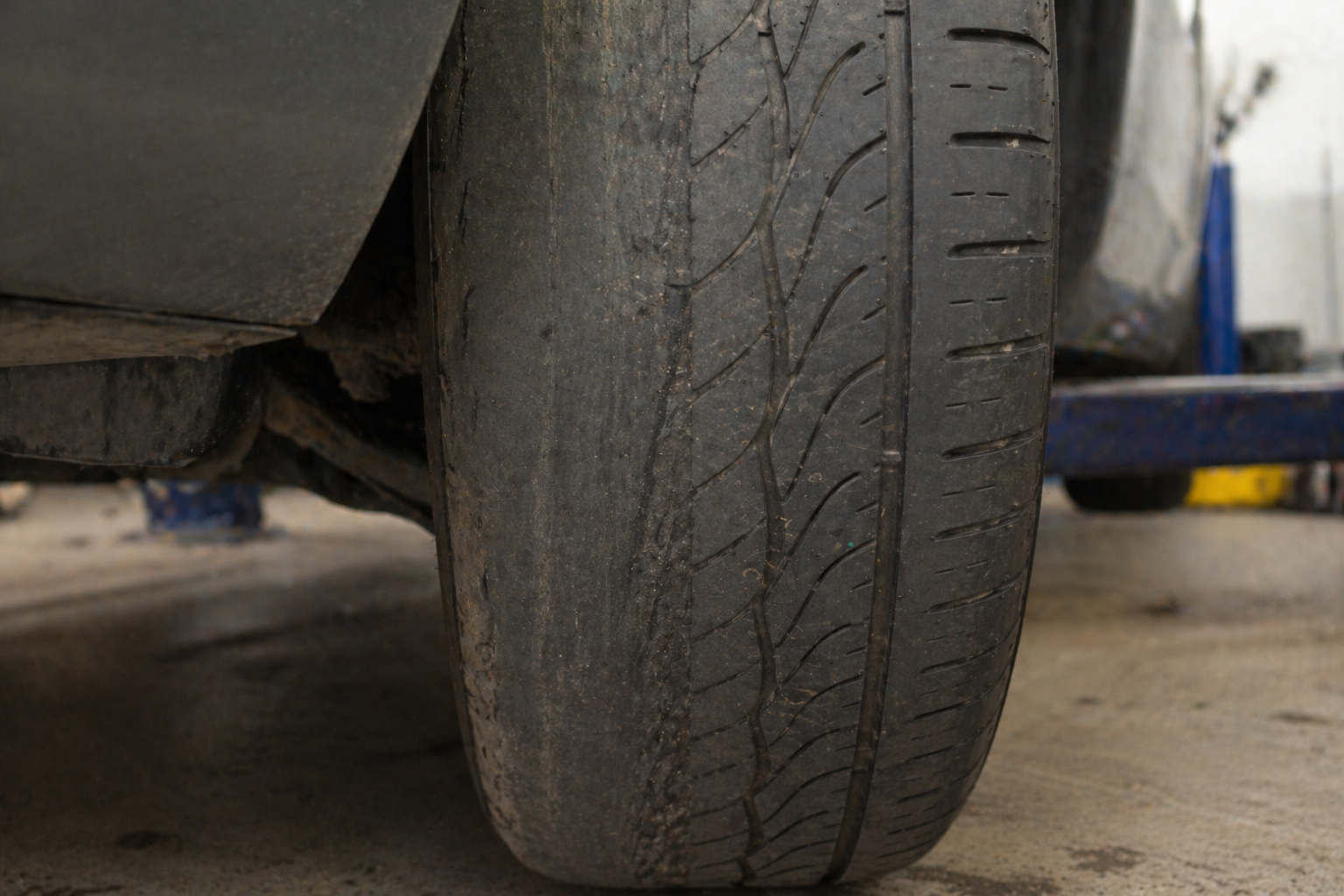 close-up of a front tyre showing uneven inside-edge wear or a feathered tread pattern. Genuine worn-tyre photos make this section feel authentic.