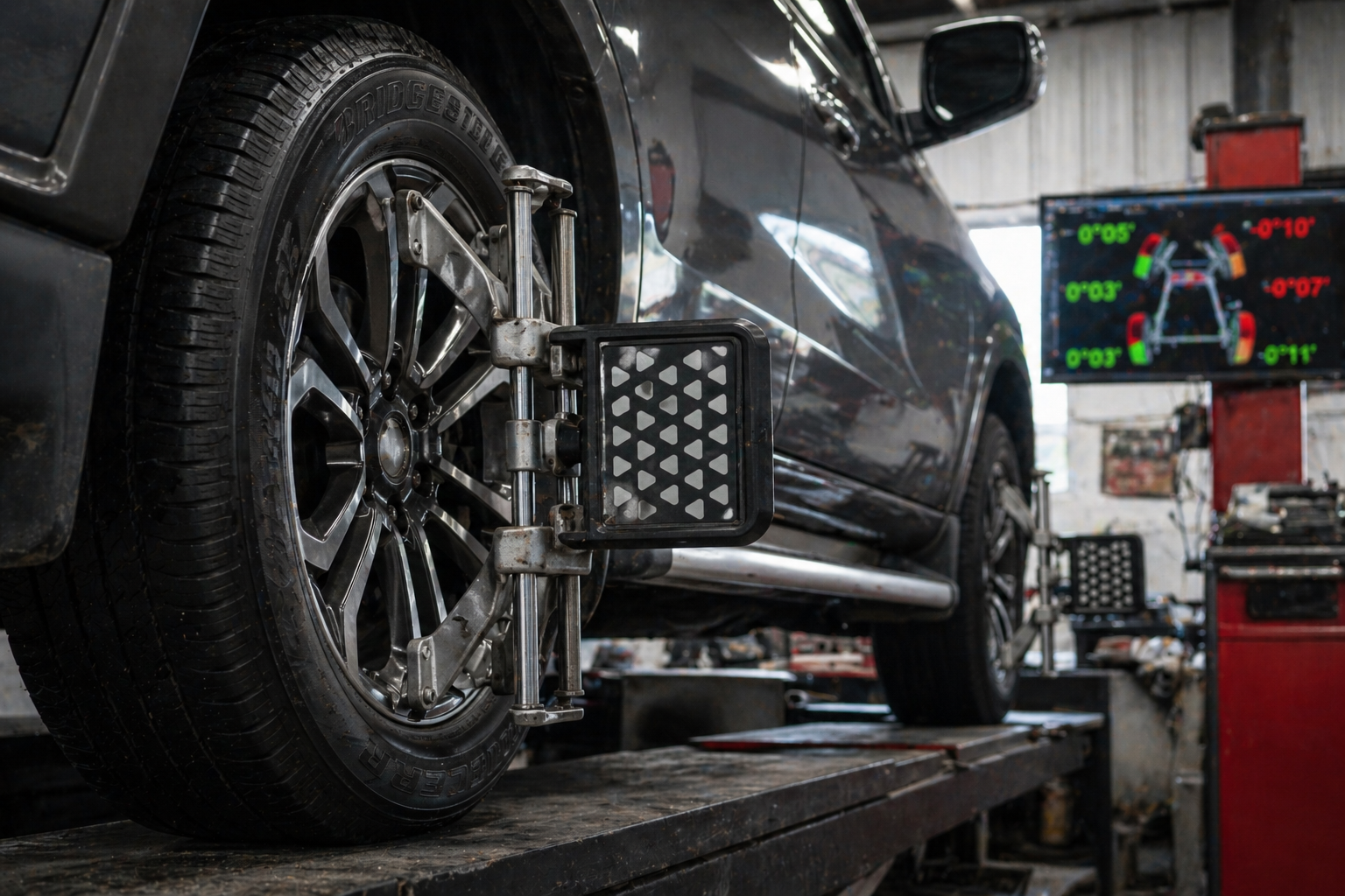 close-up of a front wheel on an alignment rig with the sensor head attached, or a workshop shot of a car up on an alignment hoist.