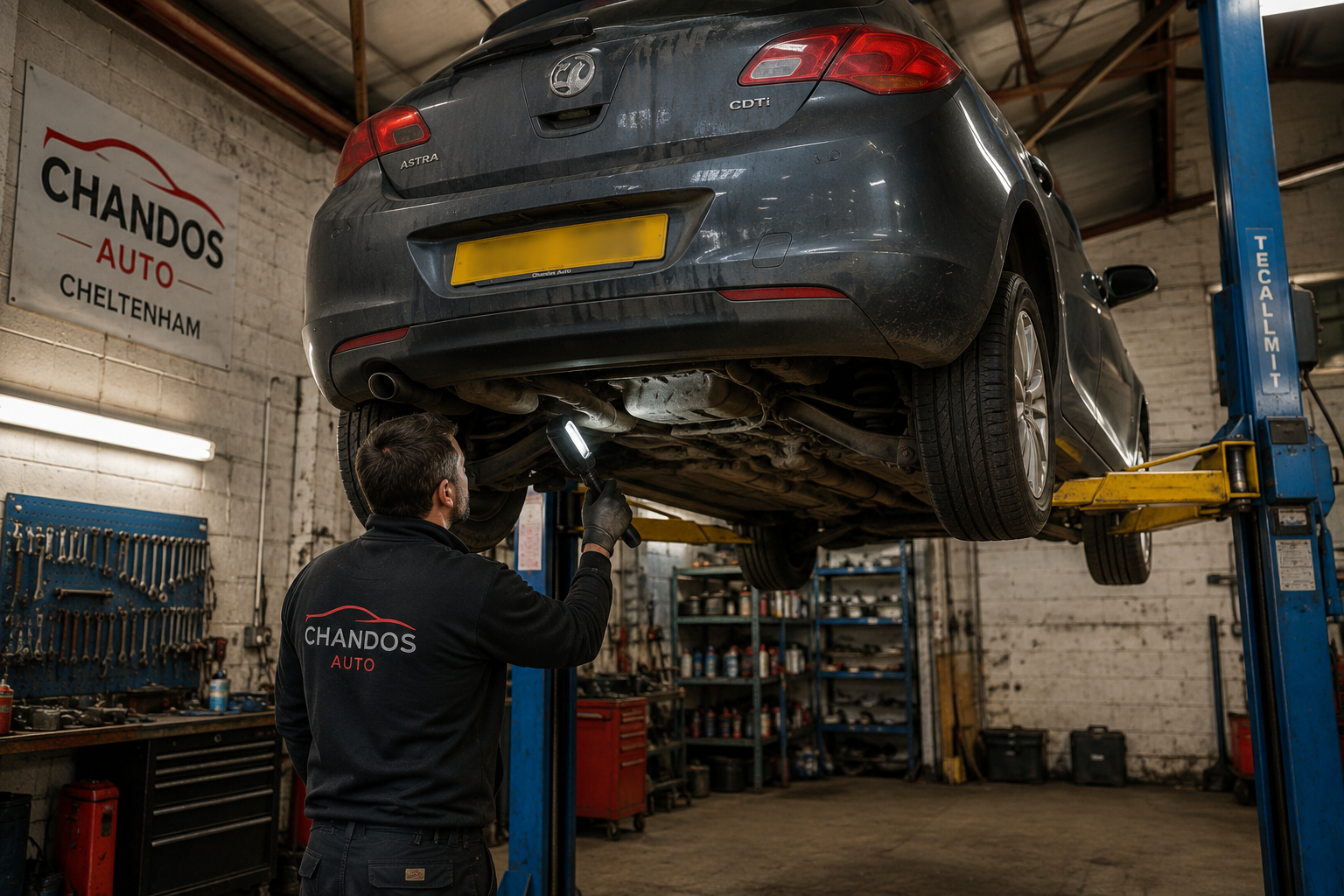 Mechanic working on a lifted hatchback