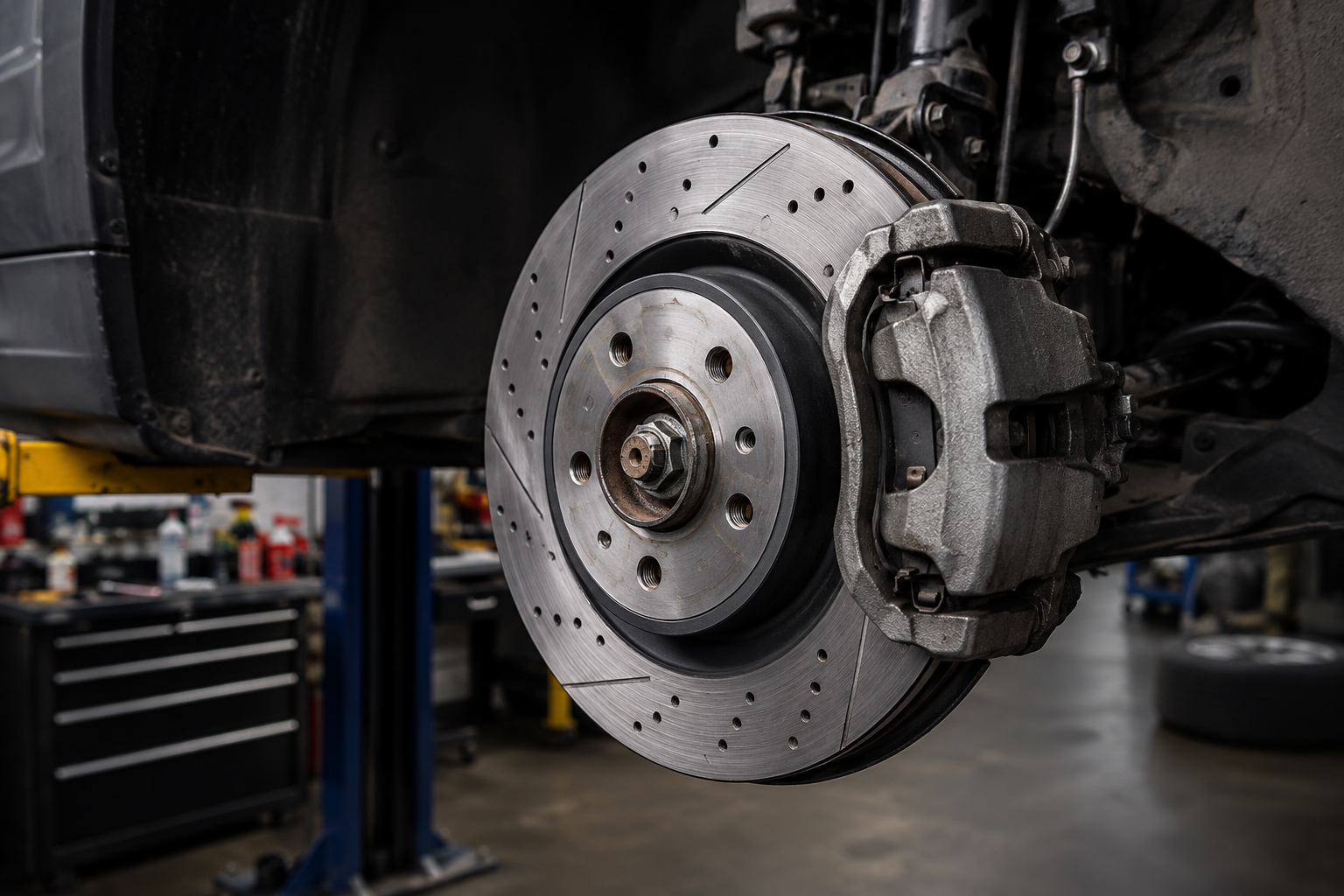 Workshop close-up of brake components