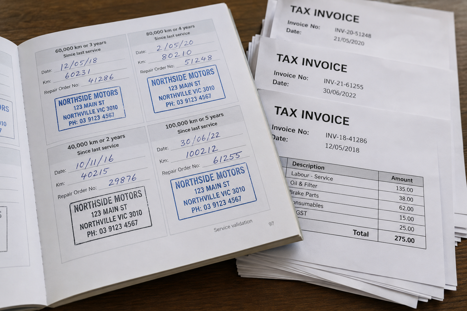 Service logbook and stacked invoices
