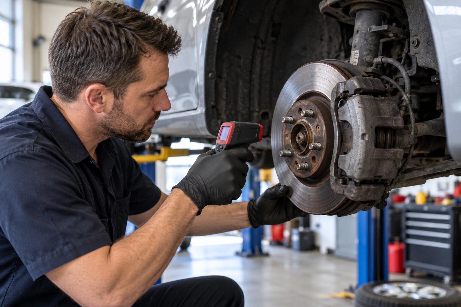 Mechanic checks a front disc and caliper with an infrared thermometer.