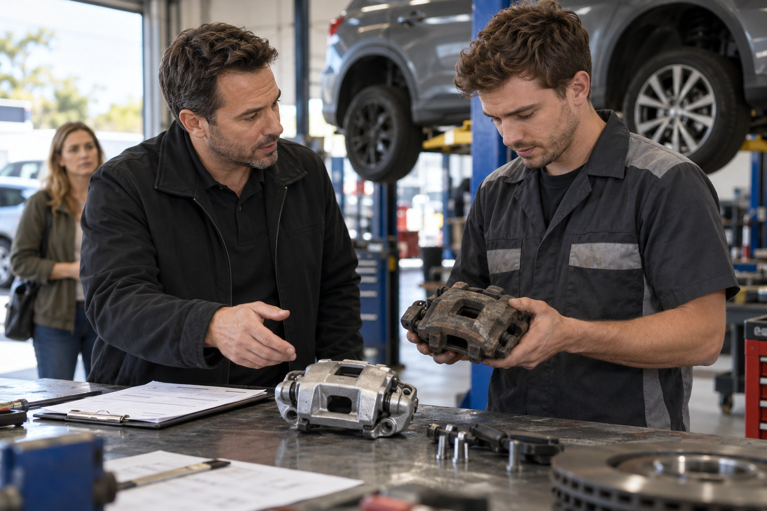 Workshop staff compare old and new brake calipers beside a job sheet.