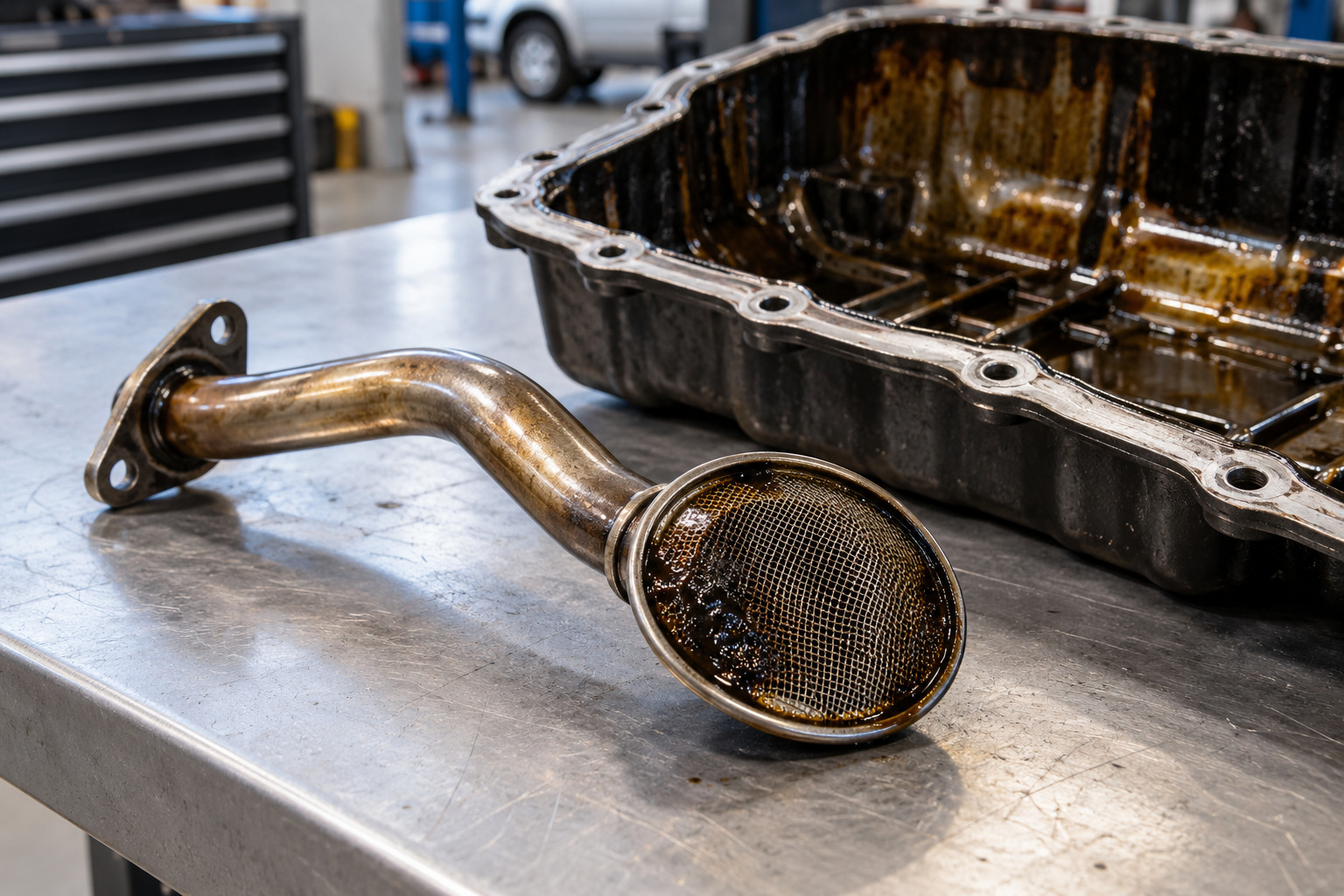 Oil pickup tube and mesh strainer with dark residue beside a removed oil pan on a workshop bench.