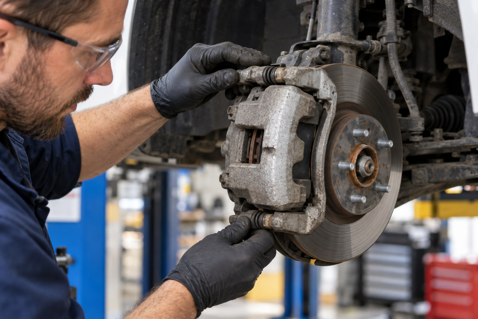 Mechanic checks the sliding hardware on a corroded front brake caliper.