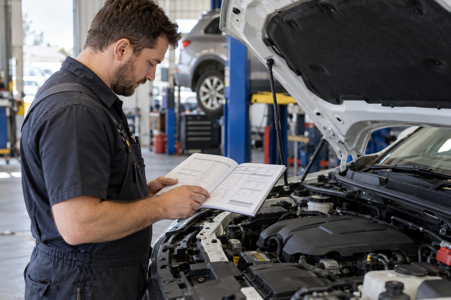 Mechanic checks a car service booklet beside the open engine bay.
