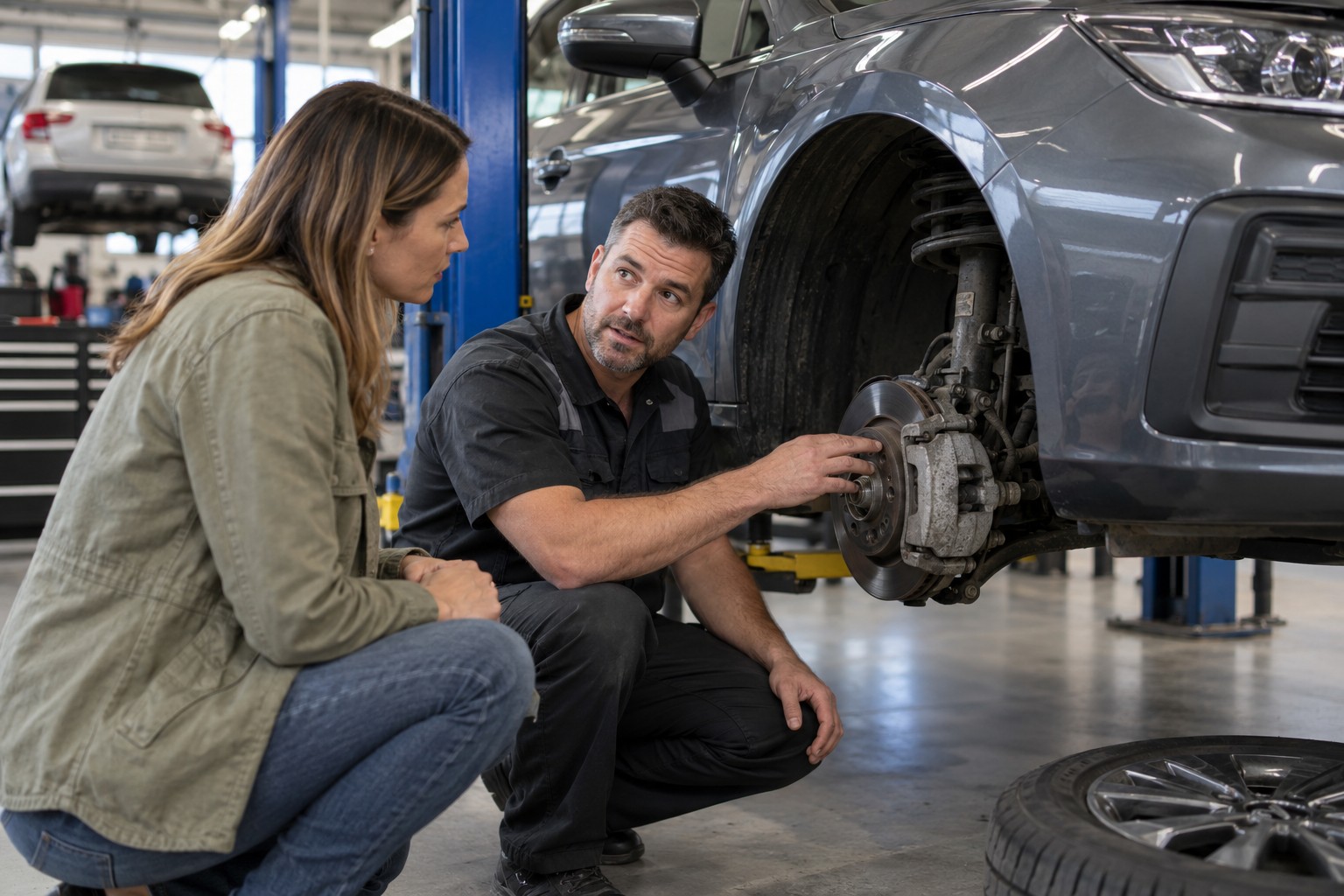 Mechanic explains a front brake caliper concern to a driver in a workshop.