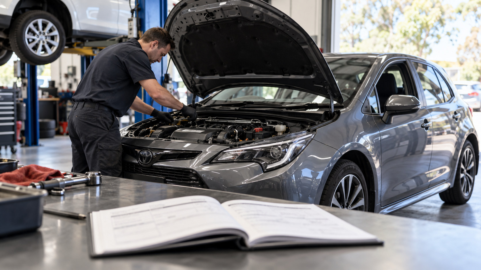 Mechanic services a modern car with an open service booklet in the foreground.