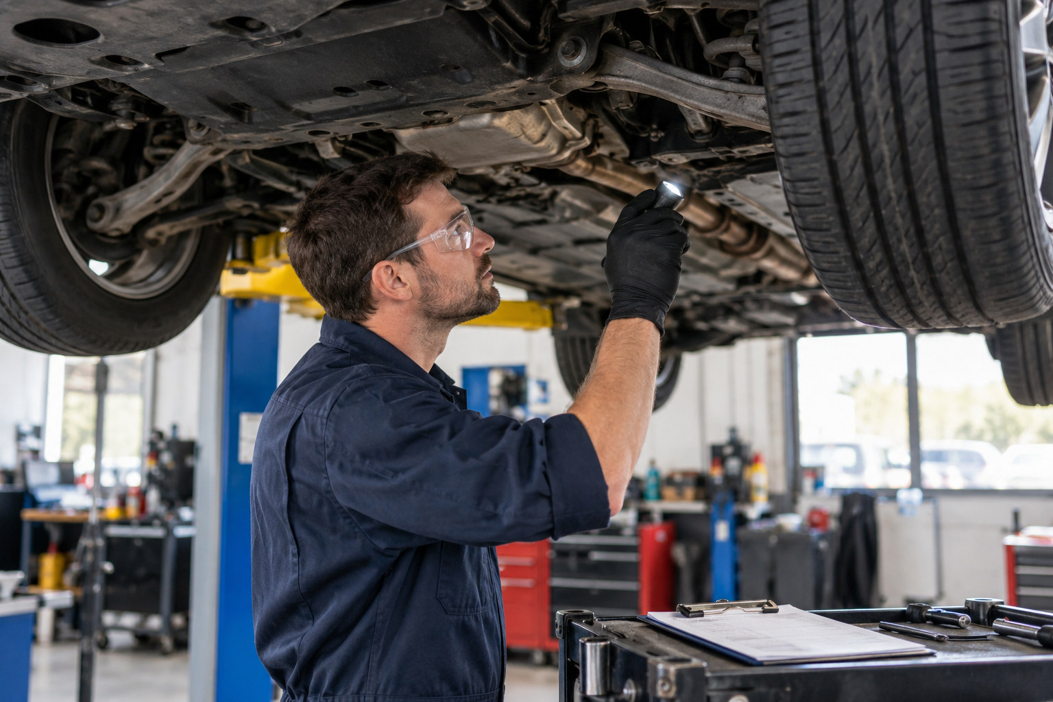 Mechanic inspects the underside of a car on a workshop hoist.