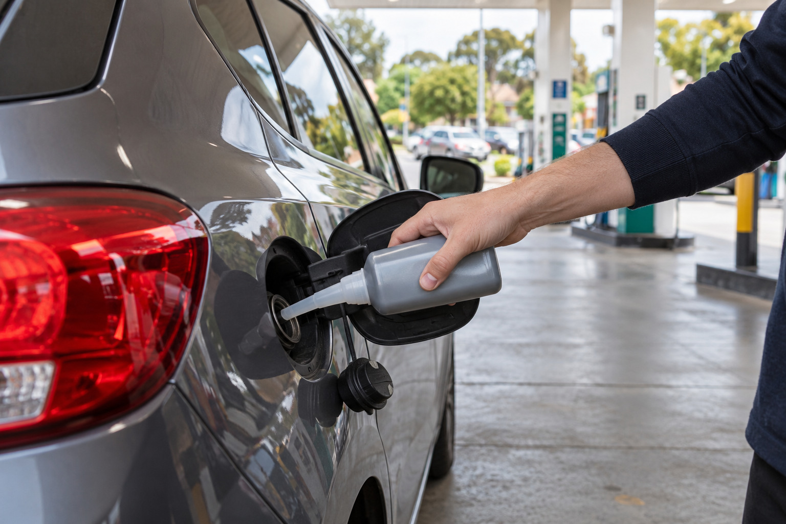 Motorist pours fuel additive into a hatchback’s petrol filler at a suburban service station.