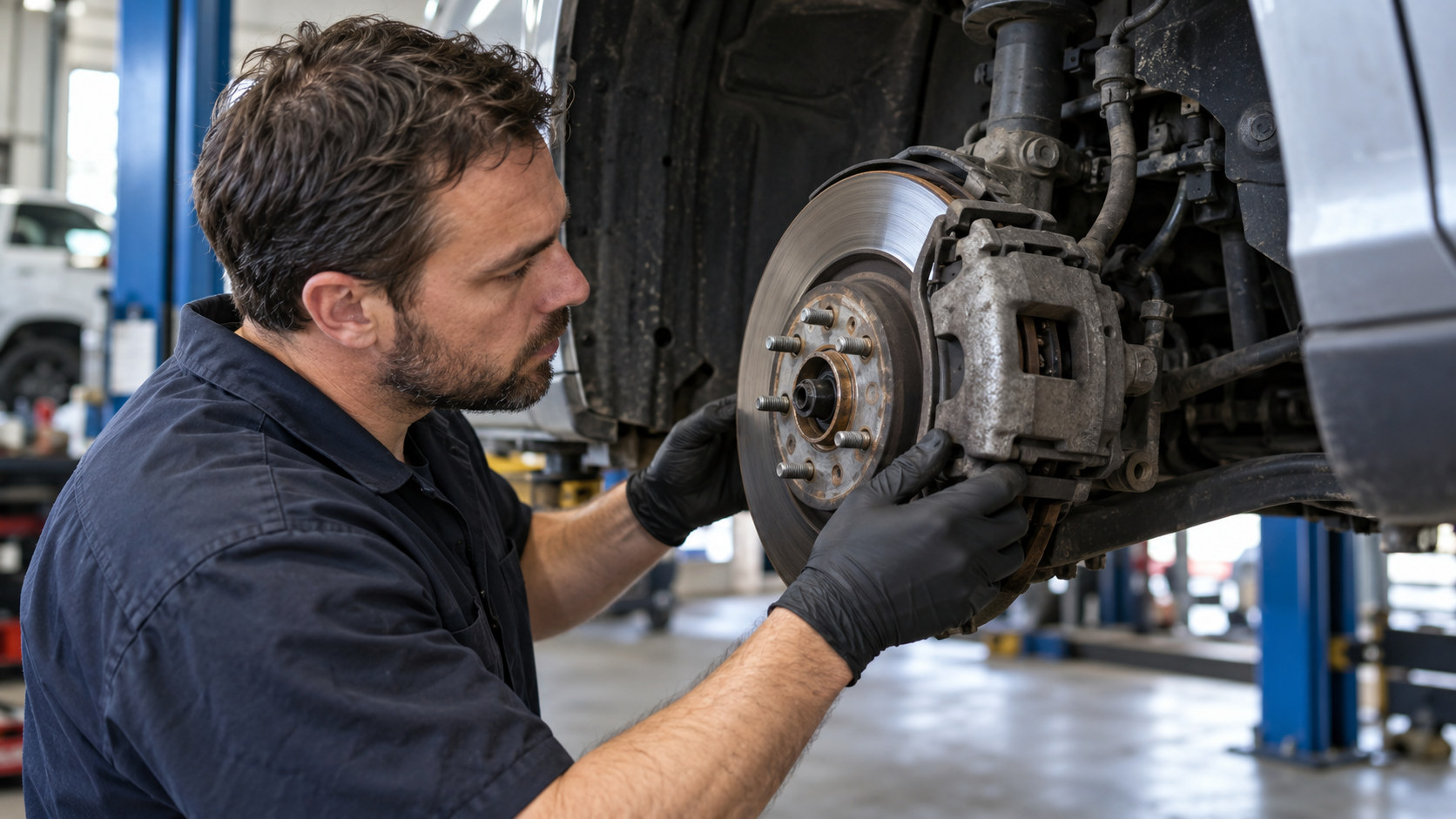 Mechanic examines a front brake caliper and disc on a raised car.