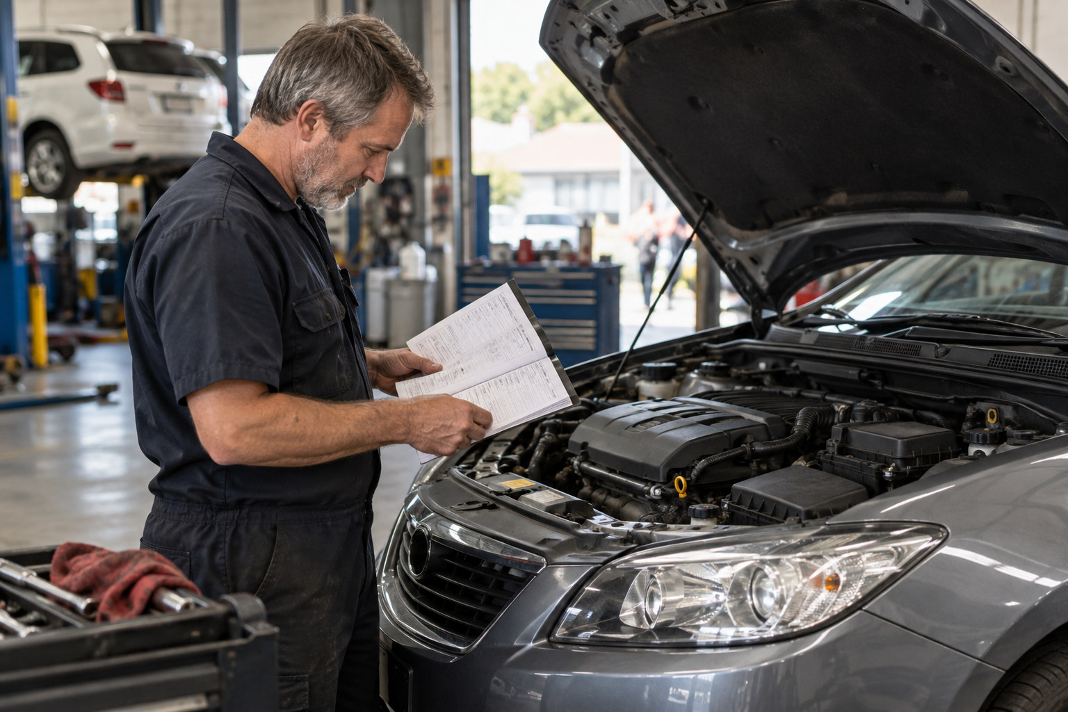 Mechanic reviews the service history of a used car beside its open bonnet.
