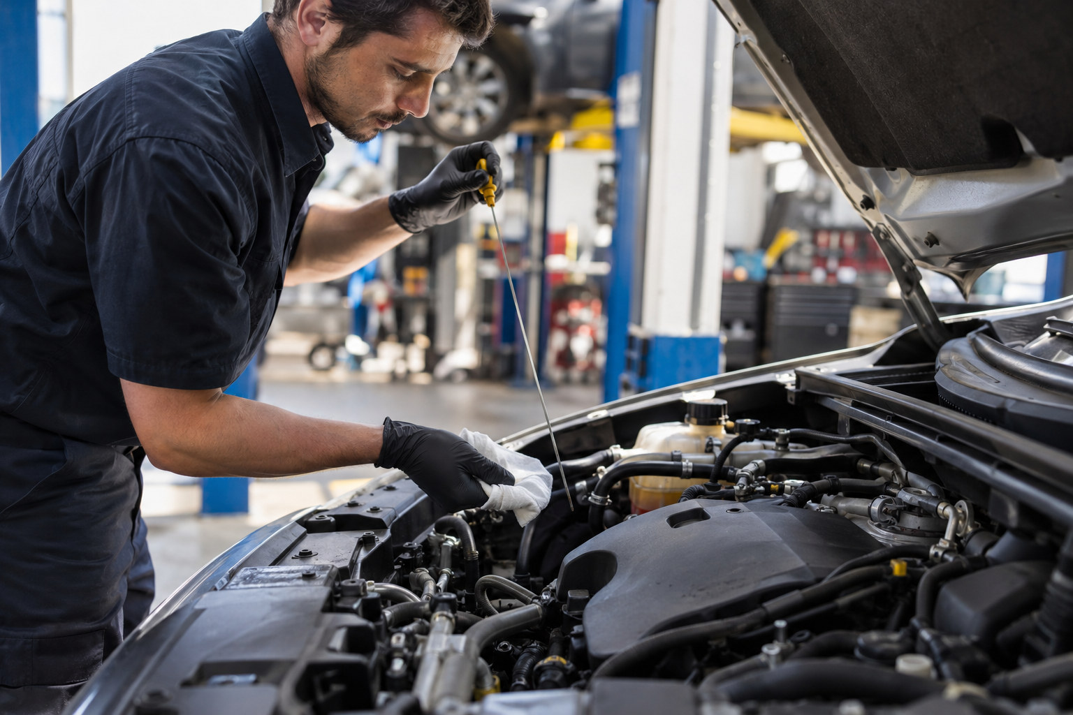 Mechanic checks engine oil during a routine service.
