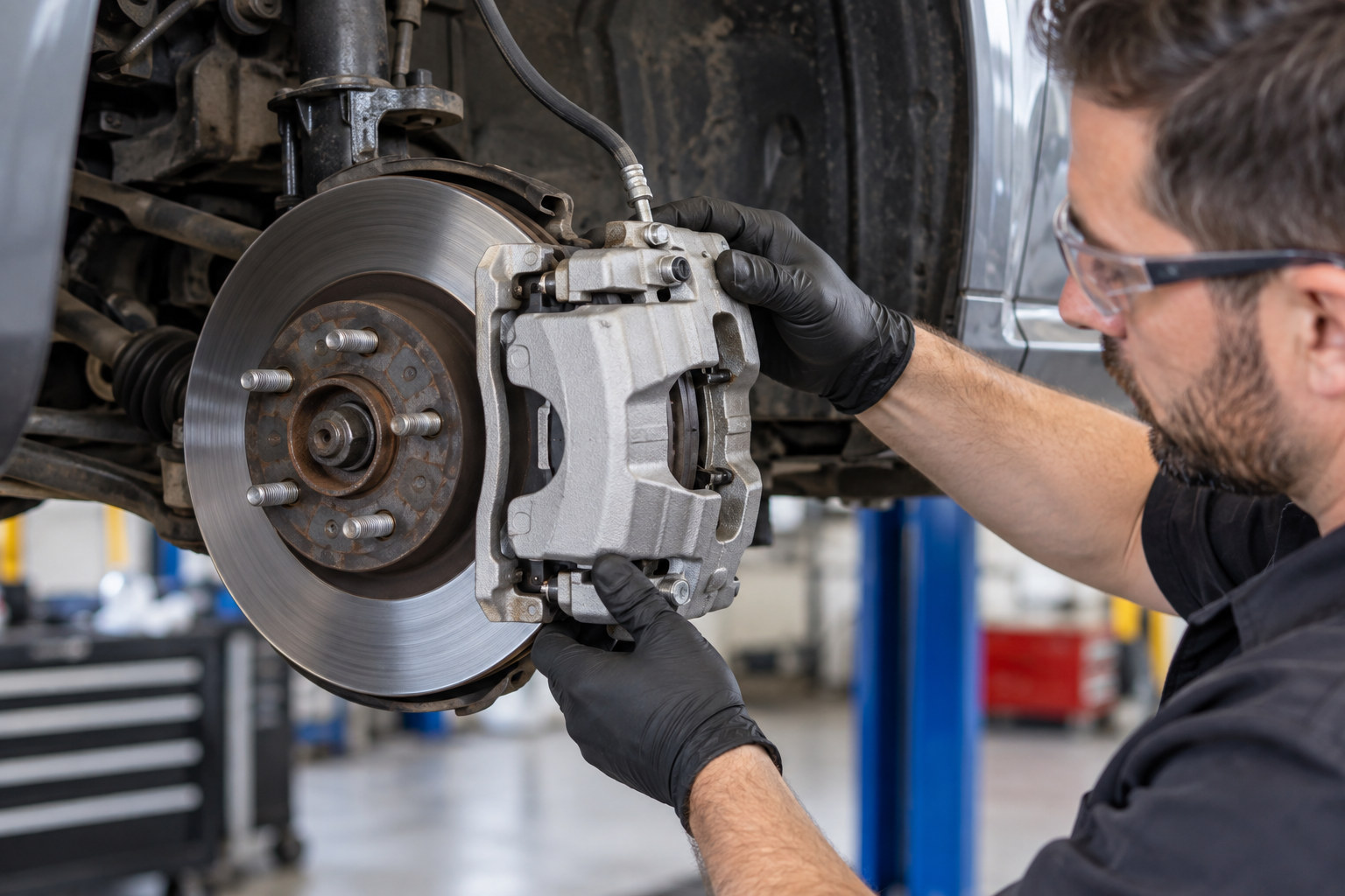 Mechanic fits a replacement front brake caliper on a car in the workshop.
