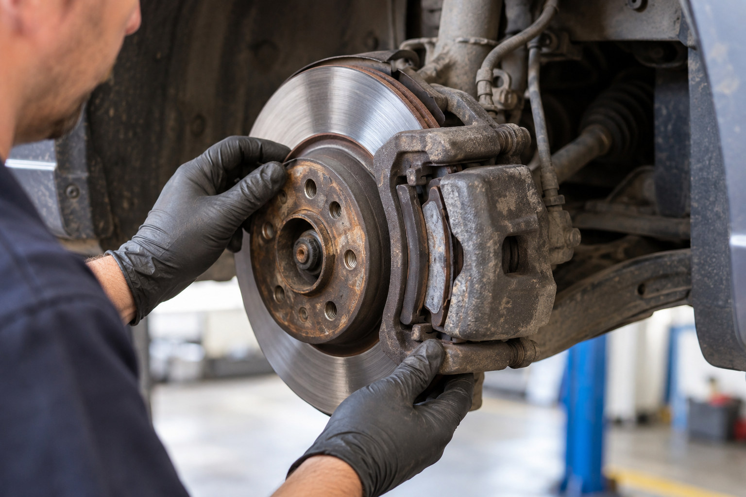 Mechanic inspects the brake caliper and disc after removing the wheel.