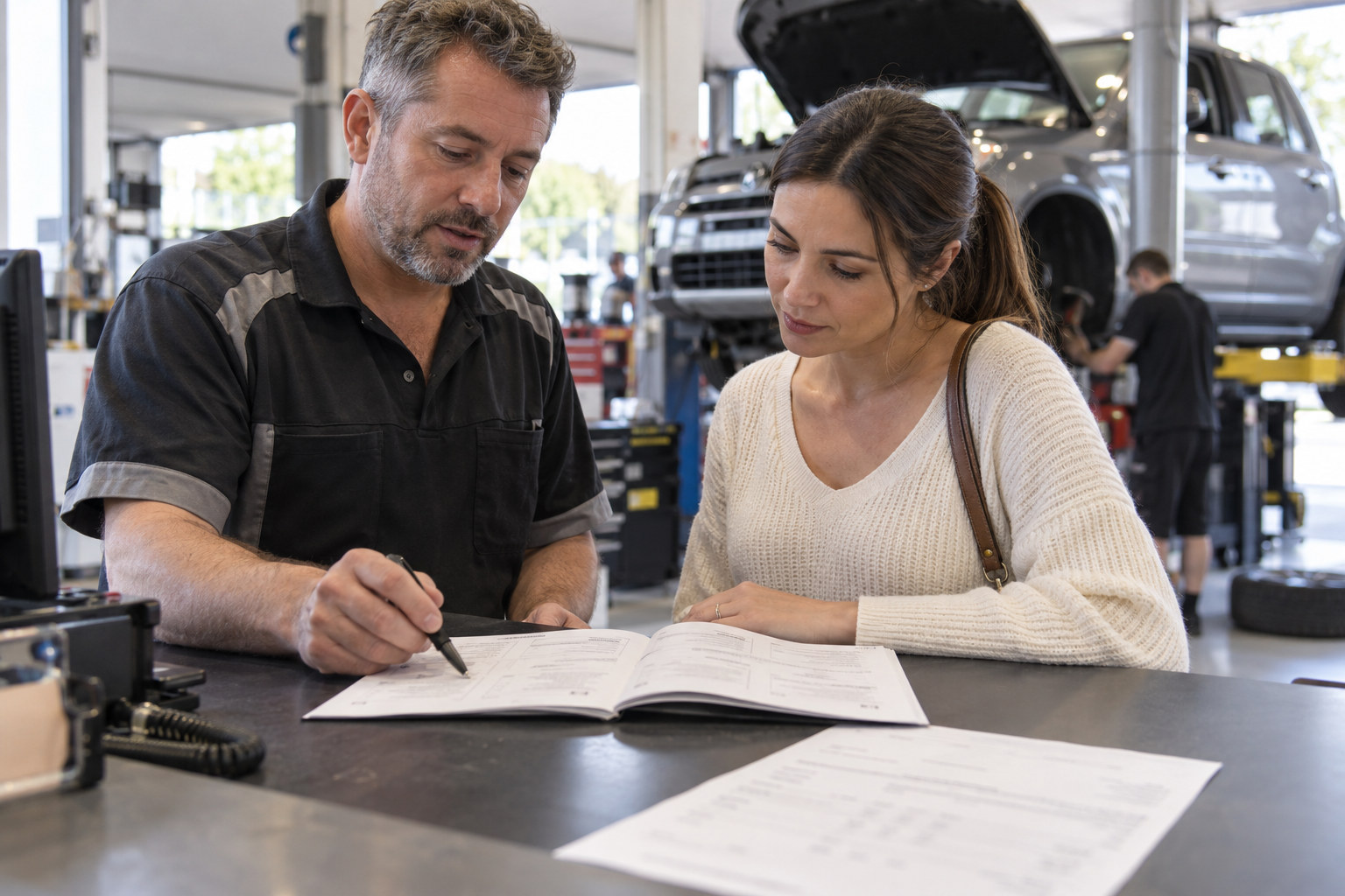 Service adviser and customer discuss a car service booklet at the workshop counter.