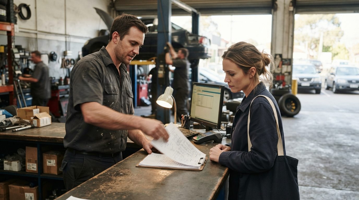 Mechanic showing a customer a job sheet at the service counter