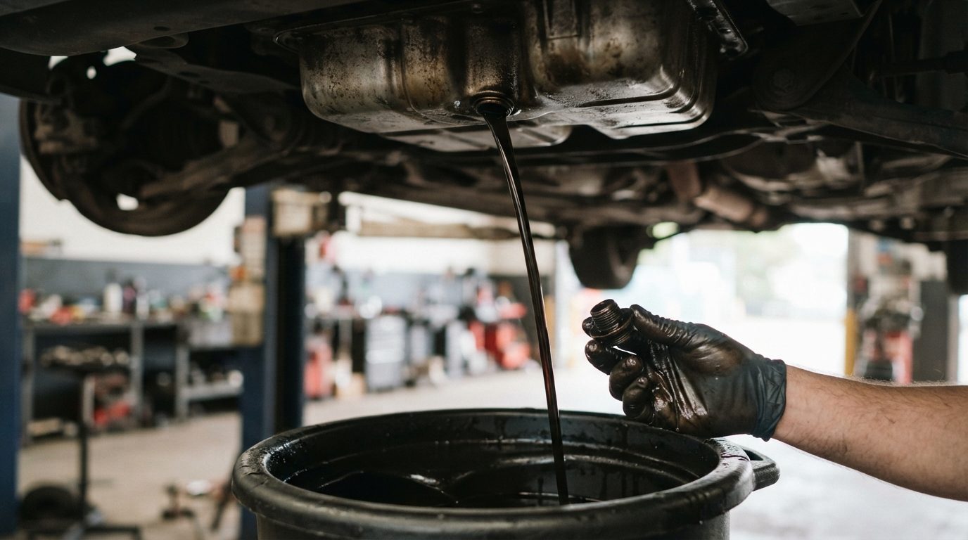 Dark used engine oil draining from a sump into a drain pan
