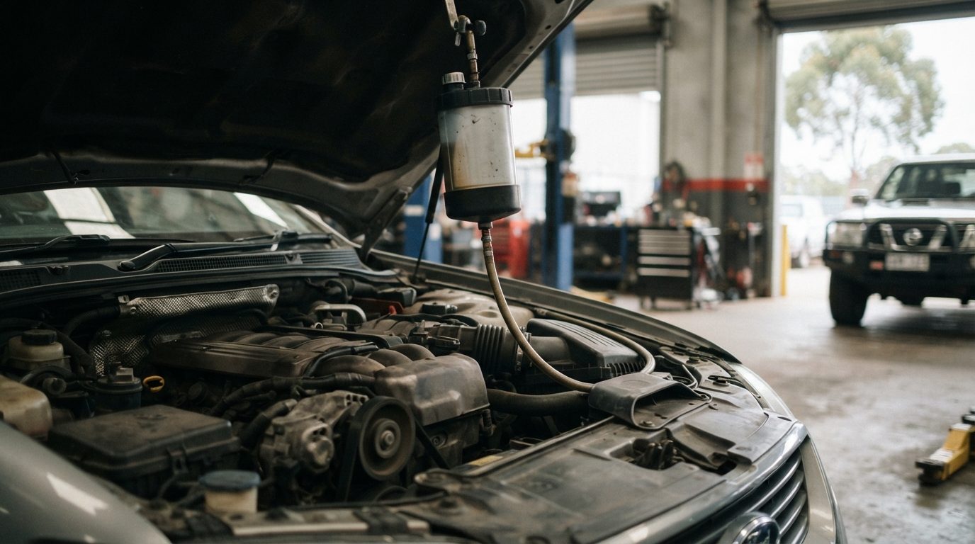 Fuel system cleaning canister connected to the intake in an open engine bay