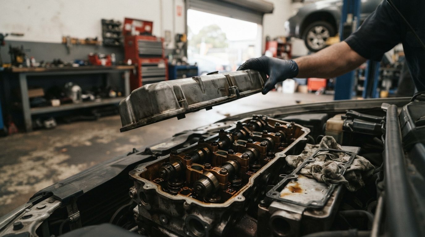 Rocker cover removed showing darkened metal and varnish deposits around the camshaft