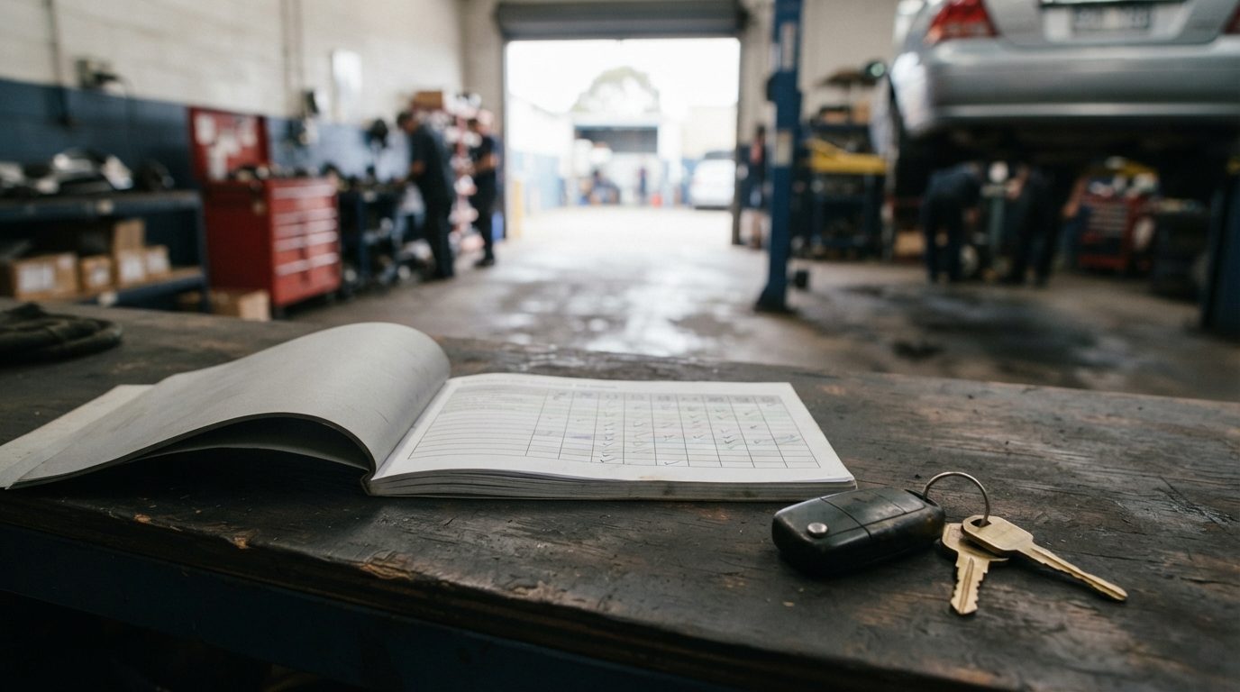 Service logbook open at the schedule page on a workshop counter with car keys beside it