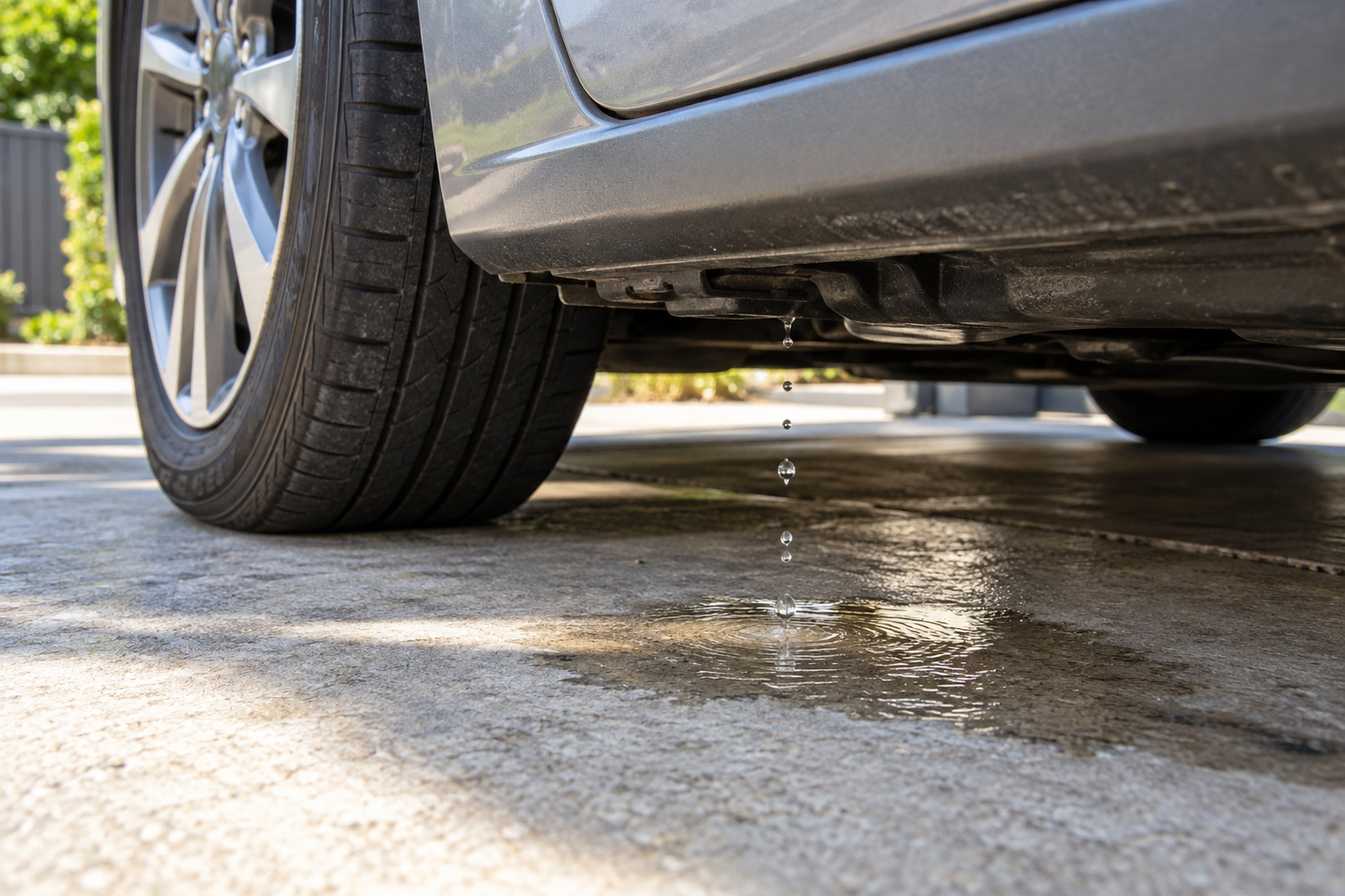 Clear water drips beneath a parked car into a small damp patch on concrete.