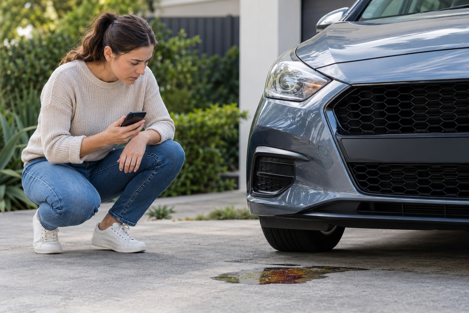 Car owner crouches beside a parked car, holding a phone while examining a coloured fluid patch.