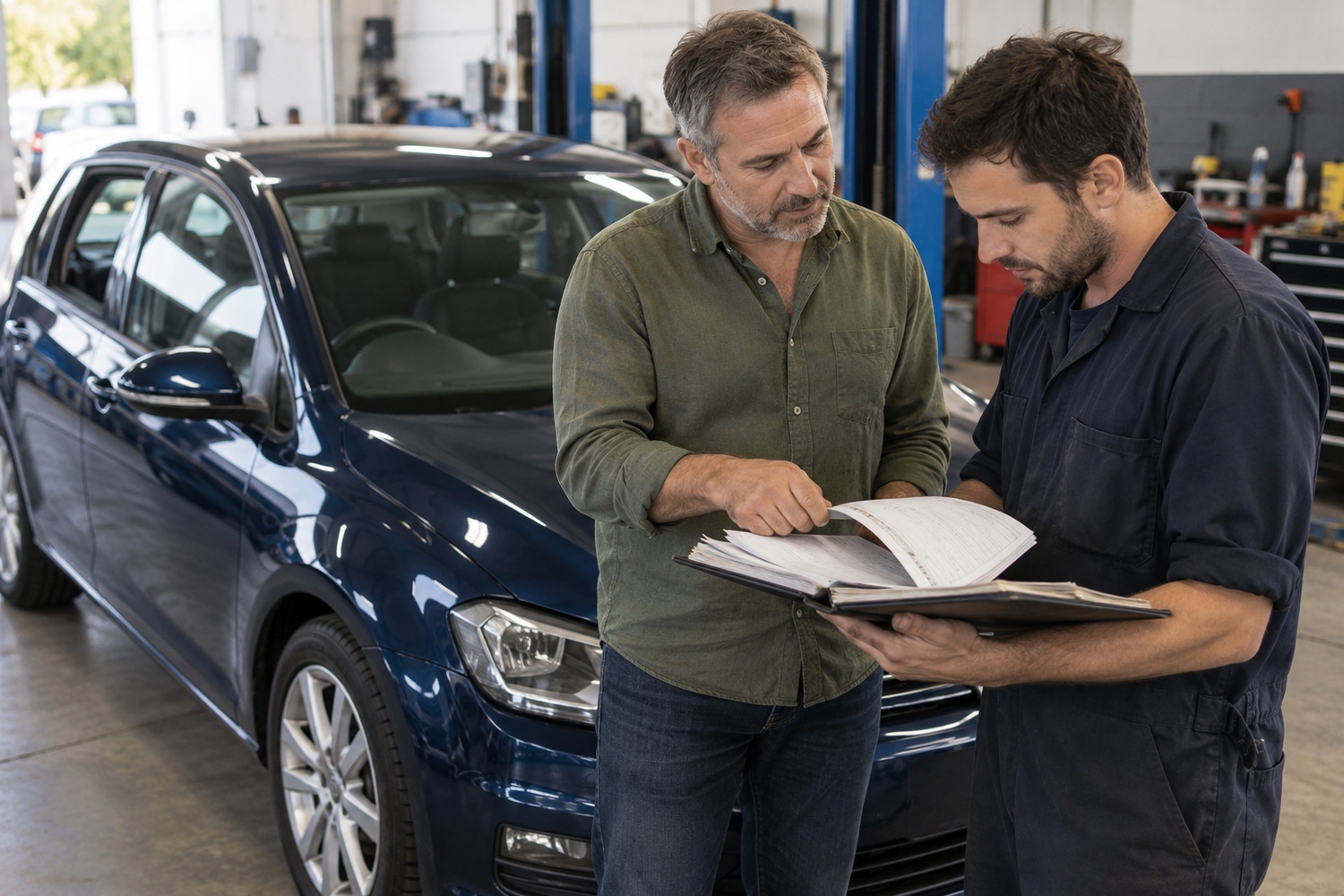 Owner and mechanic reviewing maintenance records beside a dark blue car in a workshop.