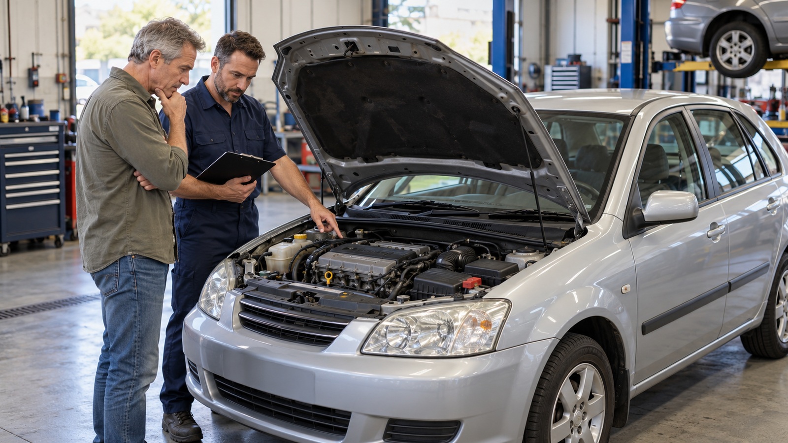 Mechanic and customer reviewing an older silver hatchback with its bonnet open in a workshop.