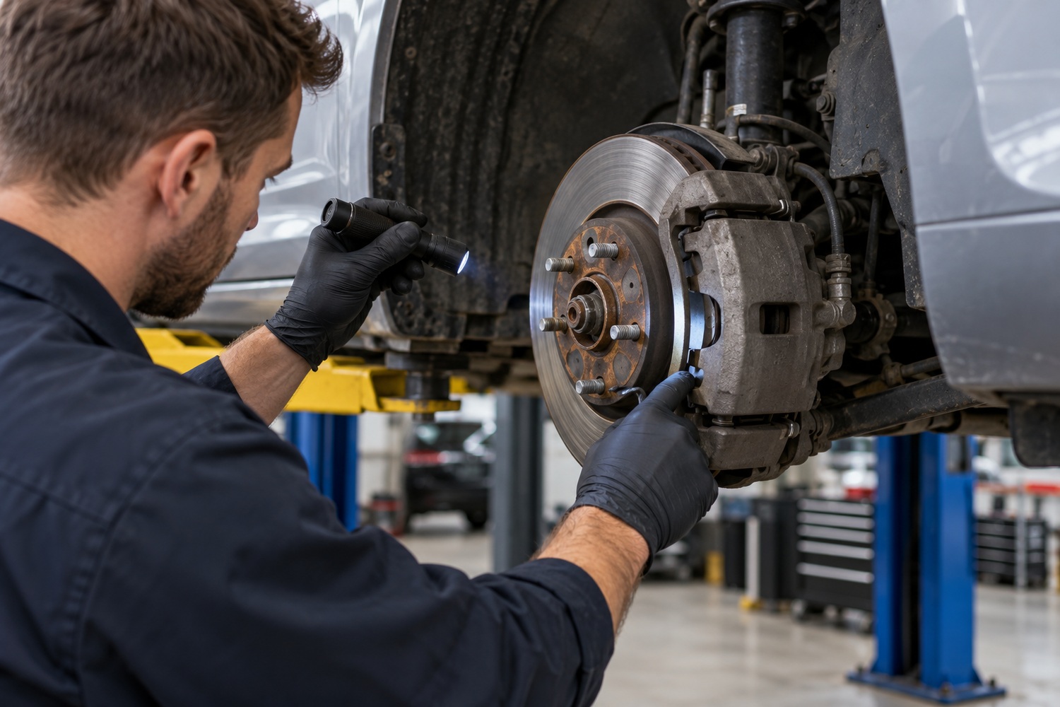 Mechanic inspecting a car's exposed front brake disc and caliper on a workshop hoist.
