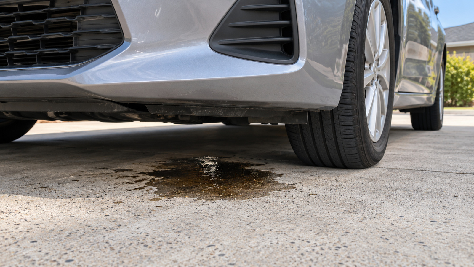 Dark brown fluid patch on concrete beneath the front of a parked silver car.