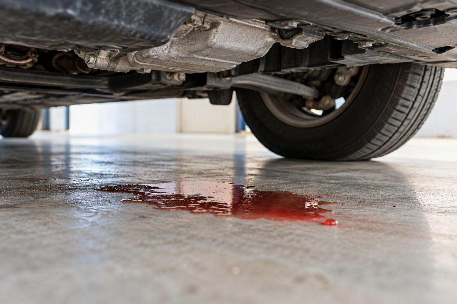 Red fluid patch on a workshop floor beneath a parked vehicle.