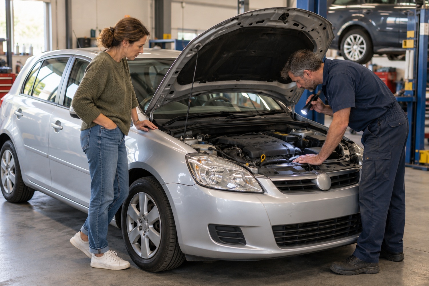 Mechanic using a torch to inspect an older silver hatchback while its owner watches.