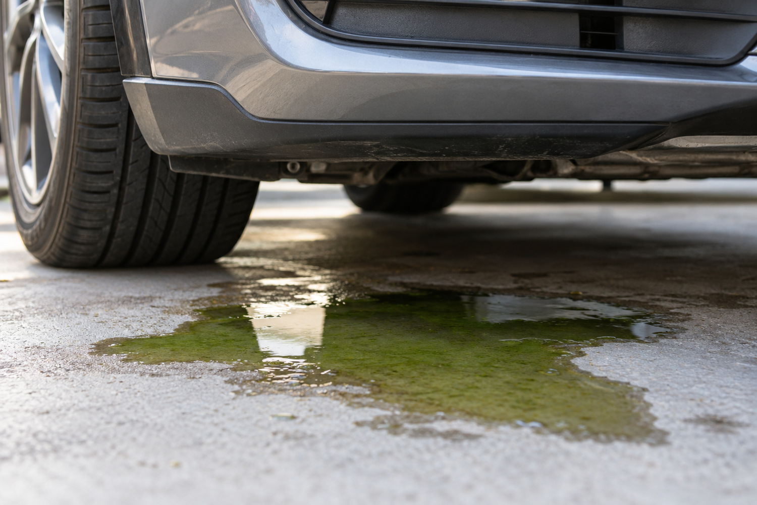 Green-tinted puddle beneath the front corner of a stationary car.