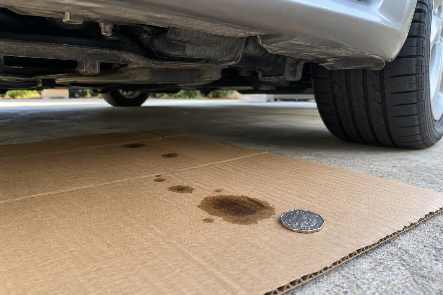 Oil drip marks on cardboard beneath a parked car, with a silver coin beside the largest stain for scale.