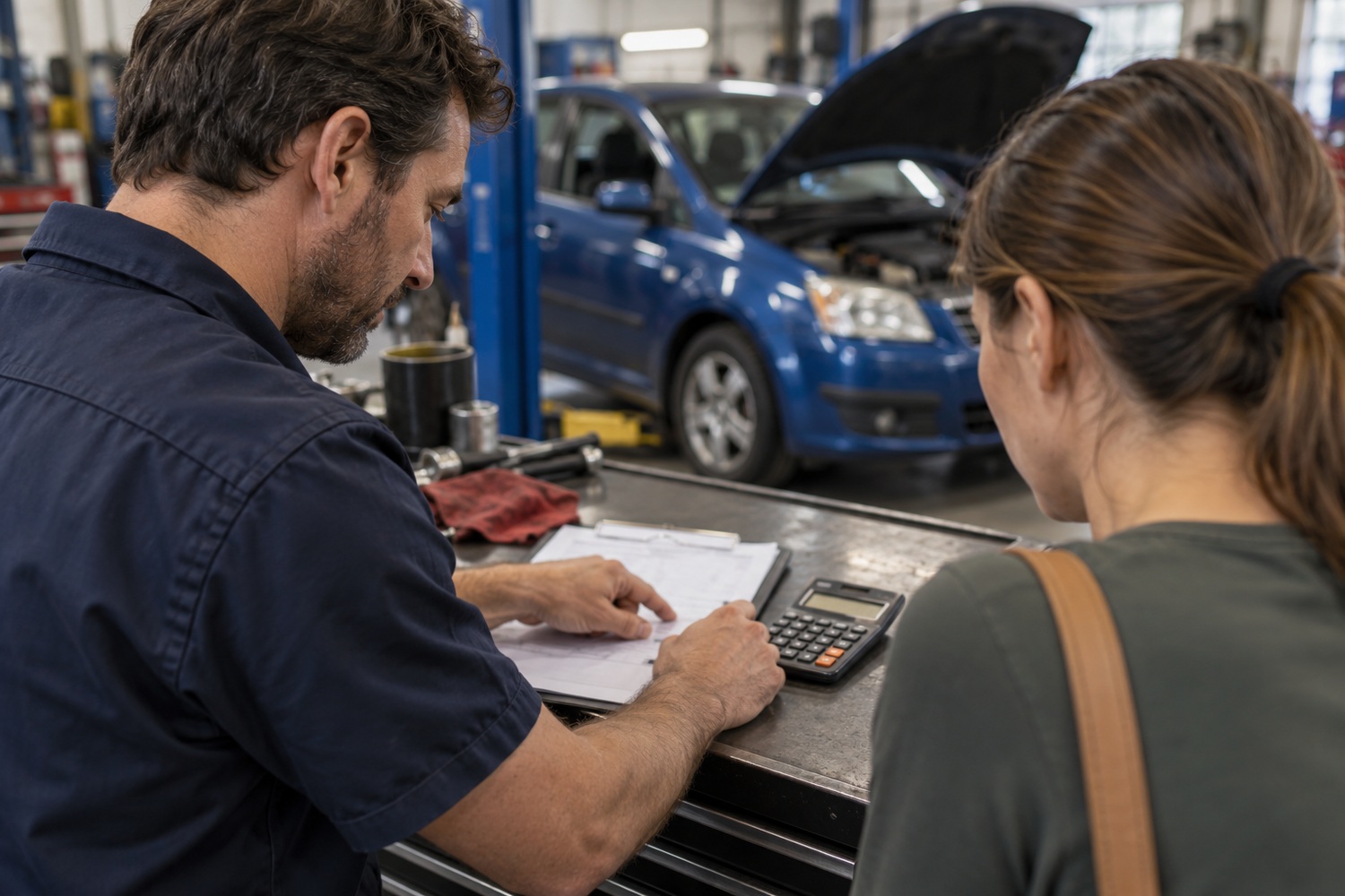 Mechanic and customer reviewing inspection paperwork and a calculator with a blue hatchback behind them.