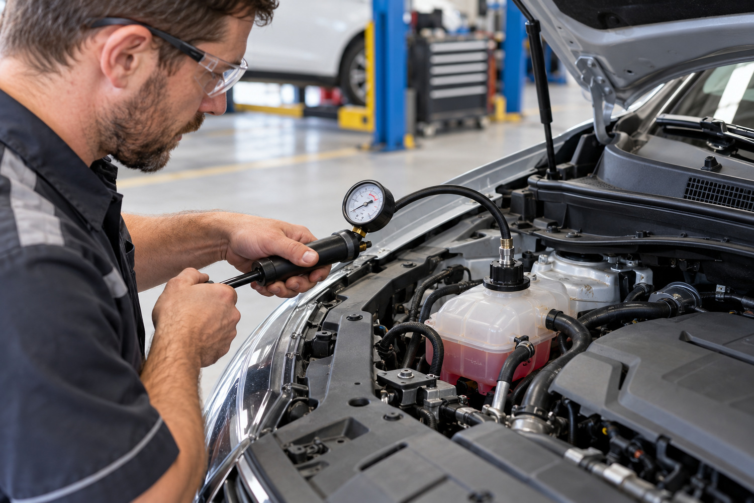 Mechanic uses a hand pump and pressure gauge connected to a cooling-system expansion tank.