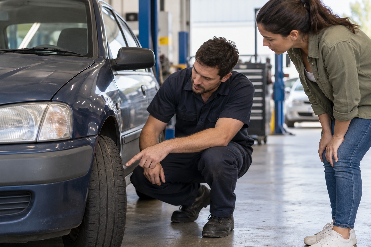 Mechanic pointing out tyre tread wear to a customer beside an older blue hatchback.